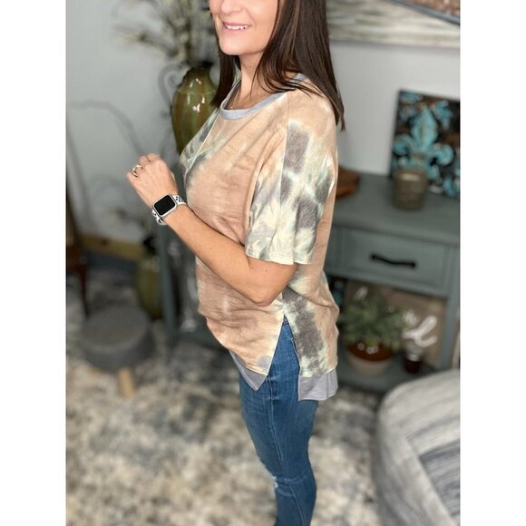Tie Dye Hi Low Split Side Contrast Short Sleeve Round Neck Boho Peach Gray 3211 - Picture 5 of 12